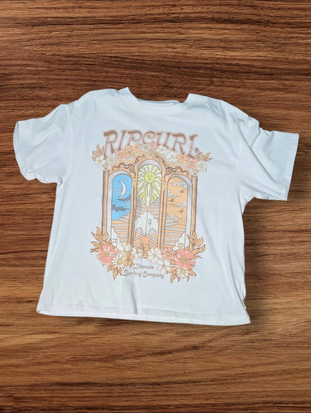 Rip Curl White Short Sleeve Tee with Pastel Sunset Arch Graphic